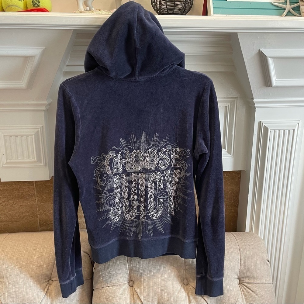 Z: Juicy Couture Jacket Sz L Vintage Navy Velour Hooded Embellished Jacket